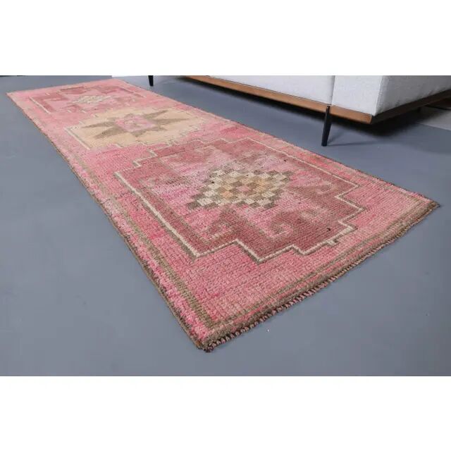 Vintage Turkish hand-knotted wool cotton pink runner rug 92x290