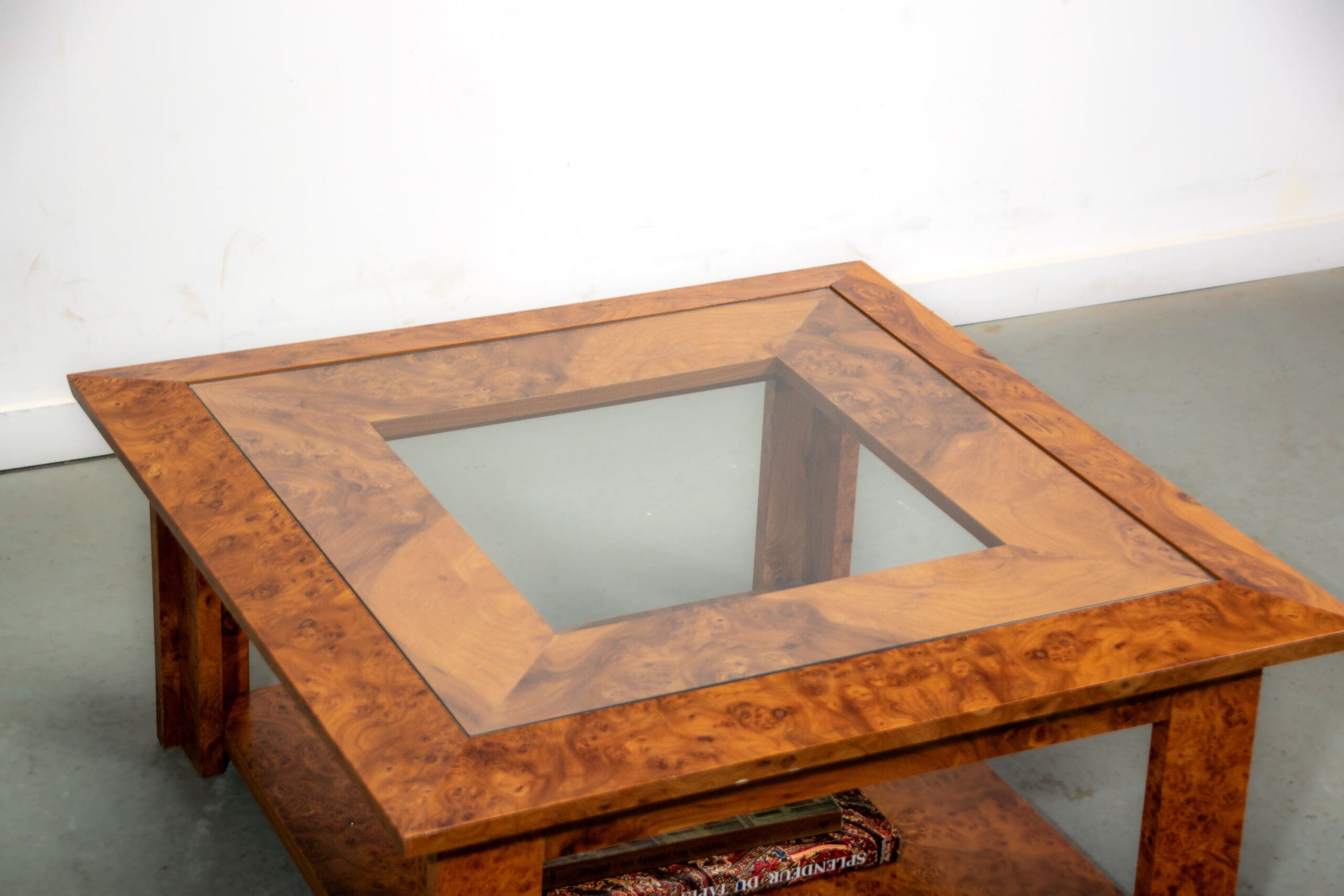 Walnut burl and glass coffee table circa 1980