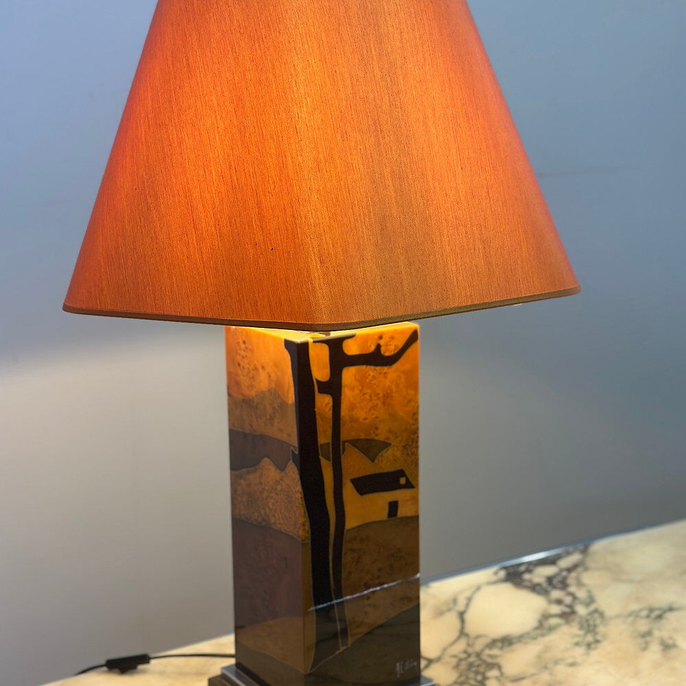 Rare 1970s Jean-Claude Mahey table lamp in burl wood with abstract inlay