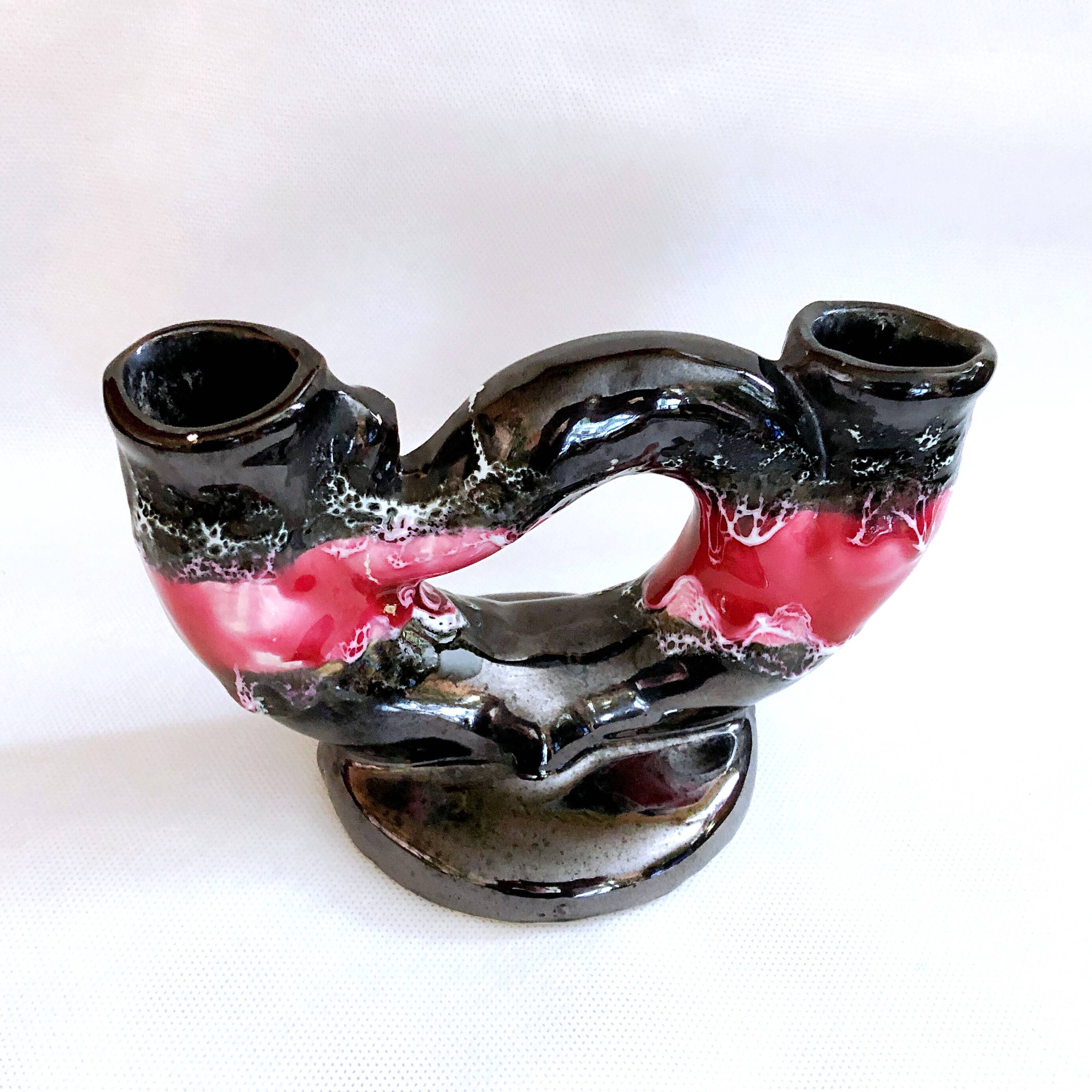 Vintage artisanal two-tone earthenware candle holder Vallauris France