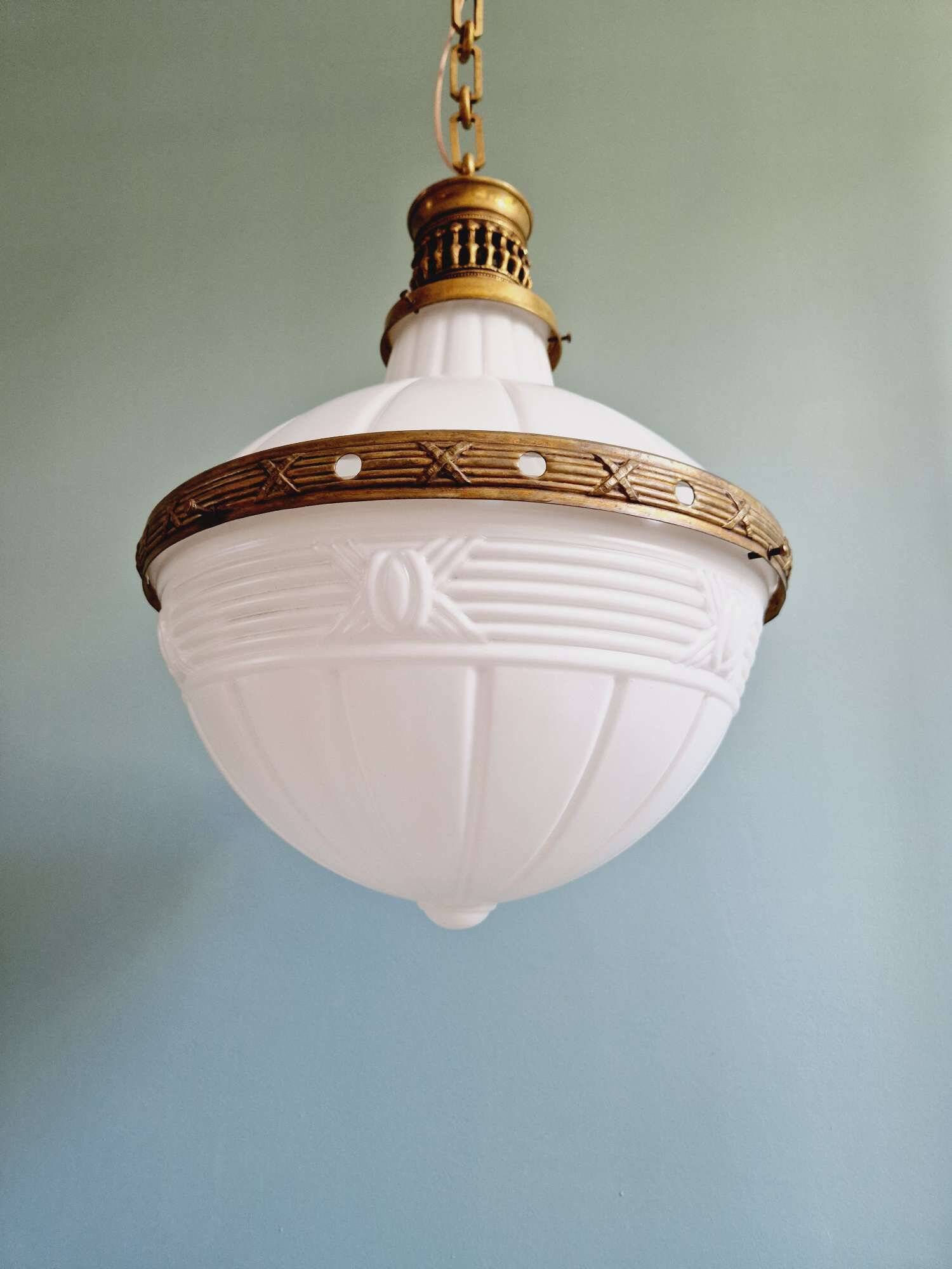 Large Art Deco pendant light in milky glass and brass, 1920
