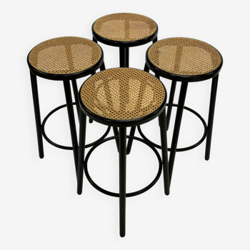 Ensemble de quatre tabourets de bar vintage - sangles et bois, design italien, années 1980