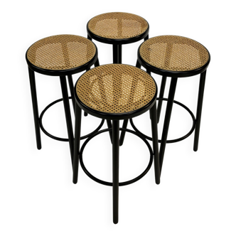 Ensemble de quatre tabourets de bar vintage - sangles et bois, design italien, années 1980