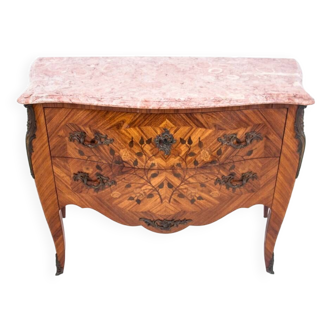 Chest of drawers with intarsia and marble top, France, circa 1880.