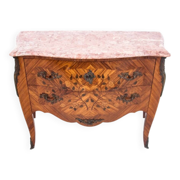 Chest of drawers with intarsia and marble top, France, circa 1880.