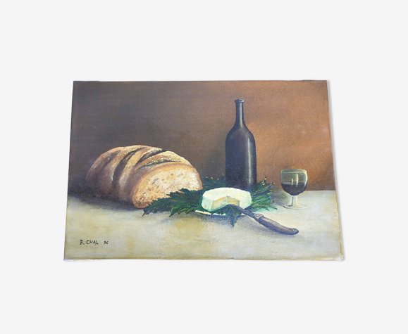 Peinture toile nature morte champêtre fromage vin et pain