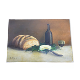 Painting canvas still life country cheese wine and bread