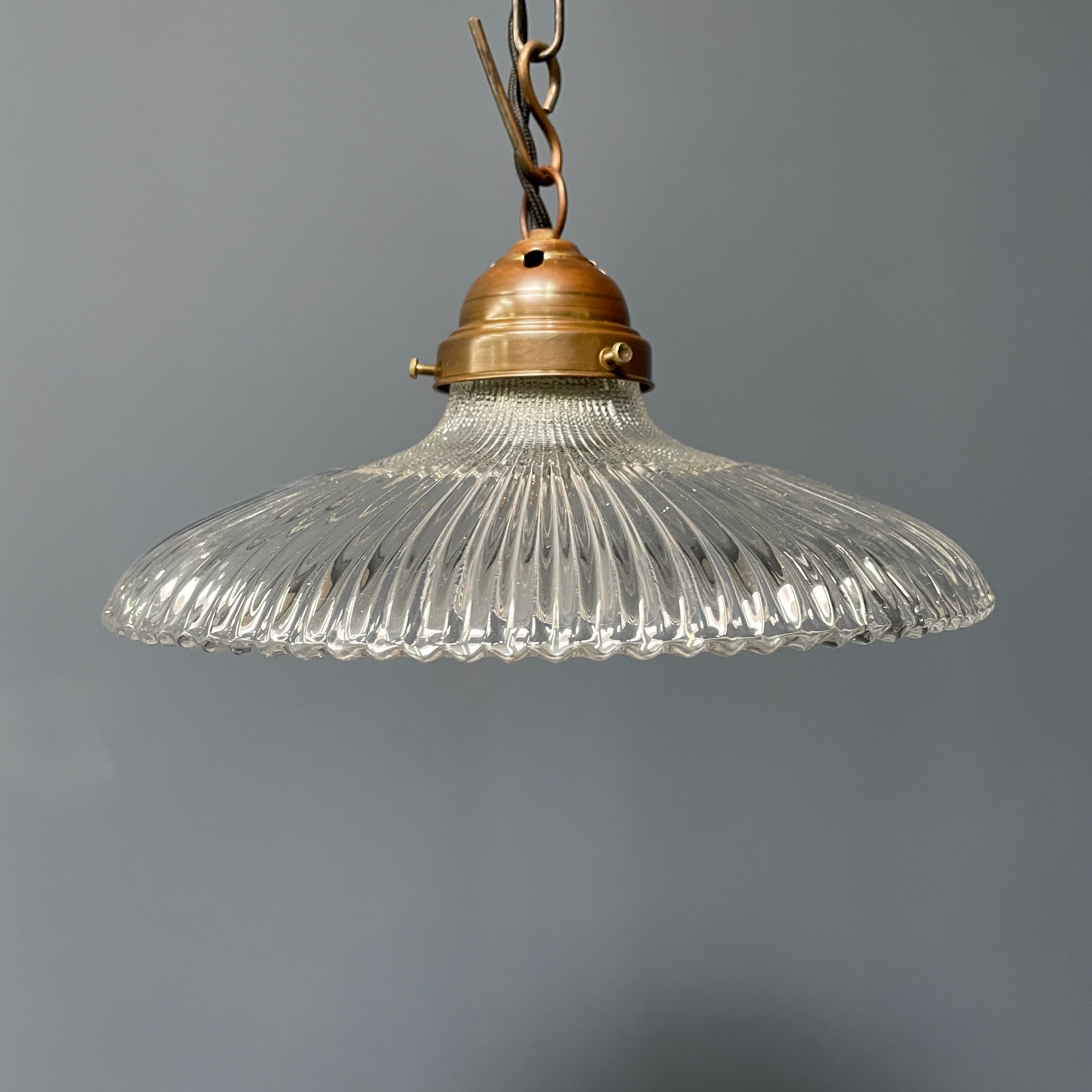 Glass holophane hangingor pendant lamp with brass gallery