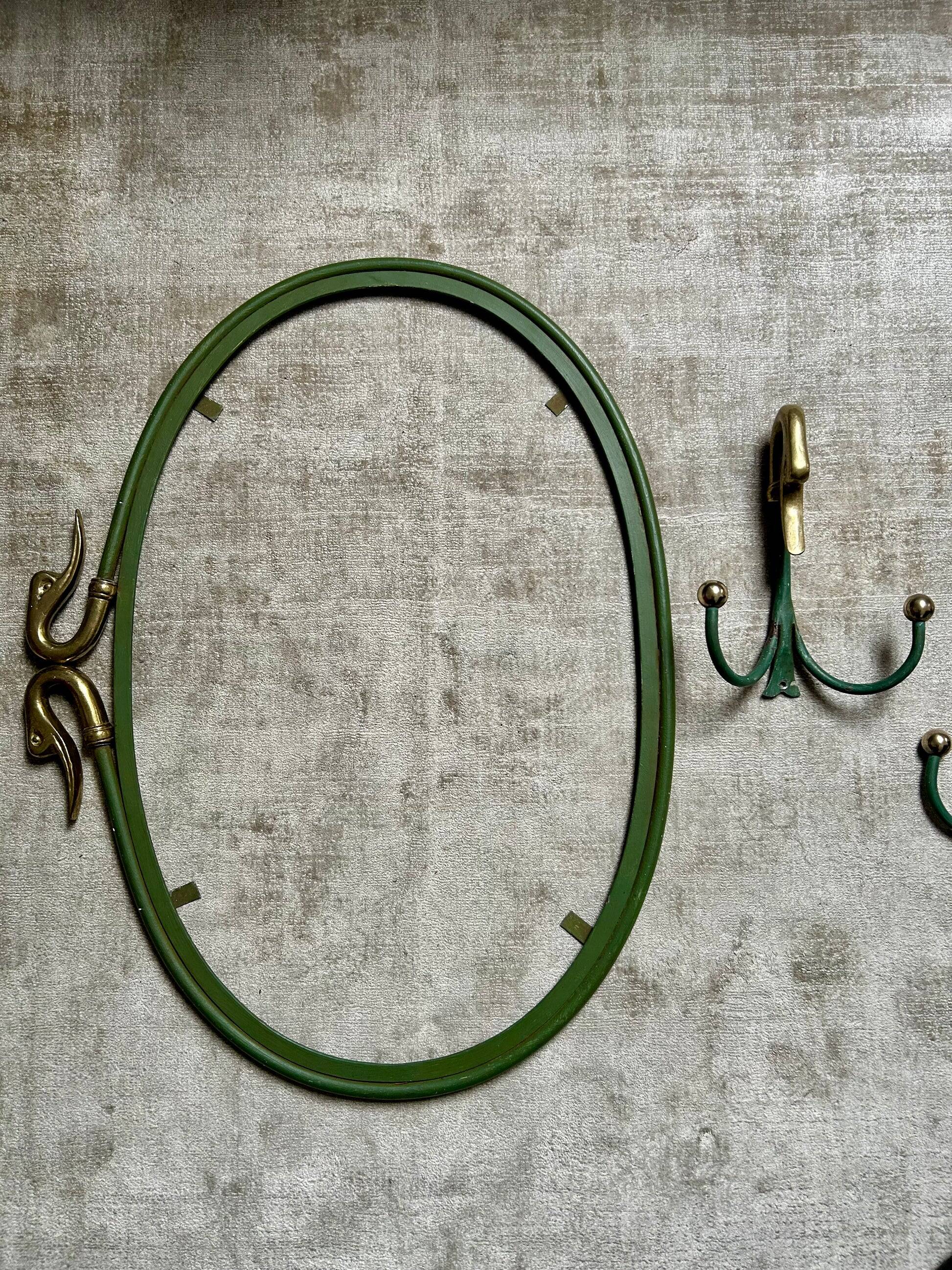 Rare set of swan neck coat hooks with mirror frame attributed to Maison Jansen, France, 1950s.