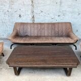 Sofa set with 2 armchairs and coffee table in banbou and leather 1970