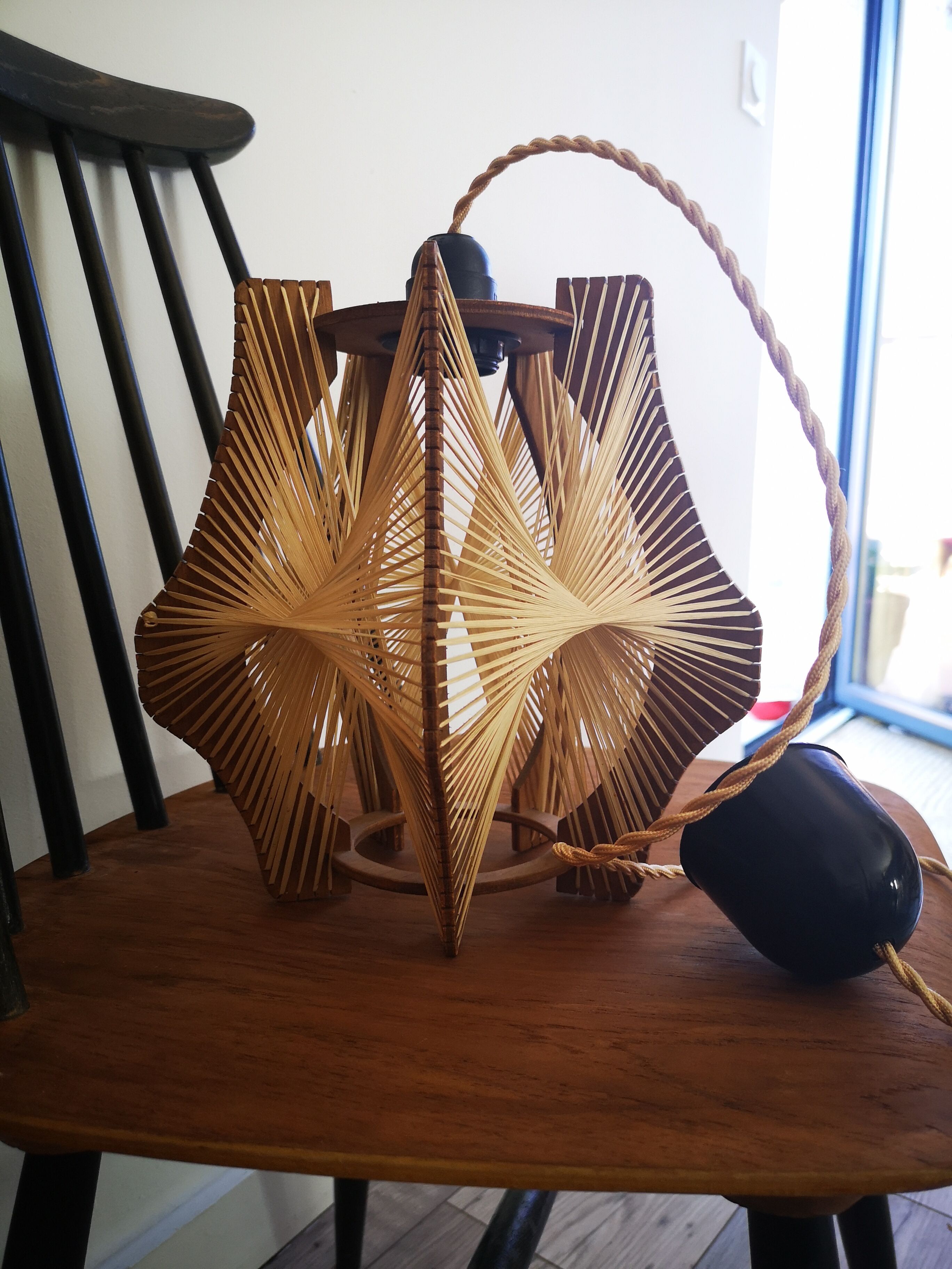 Scandinavian vintage suspension in wood and stretched wires