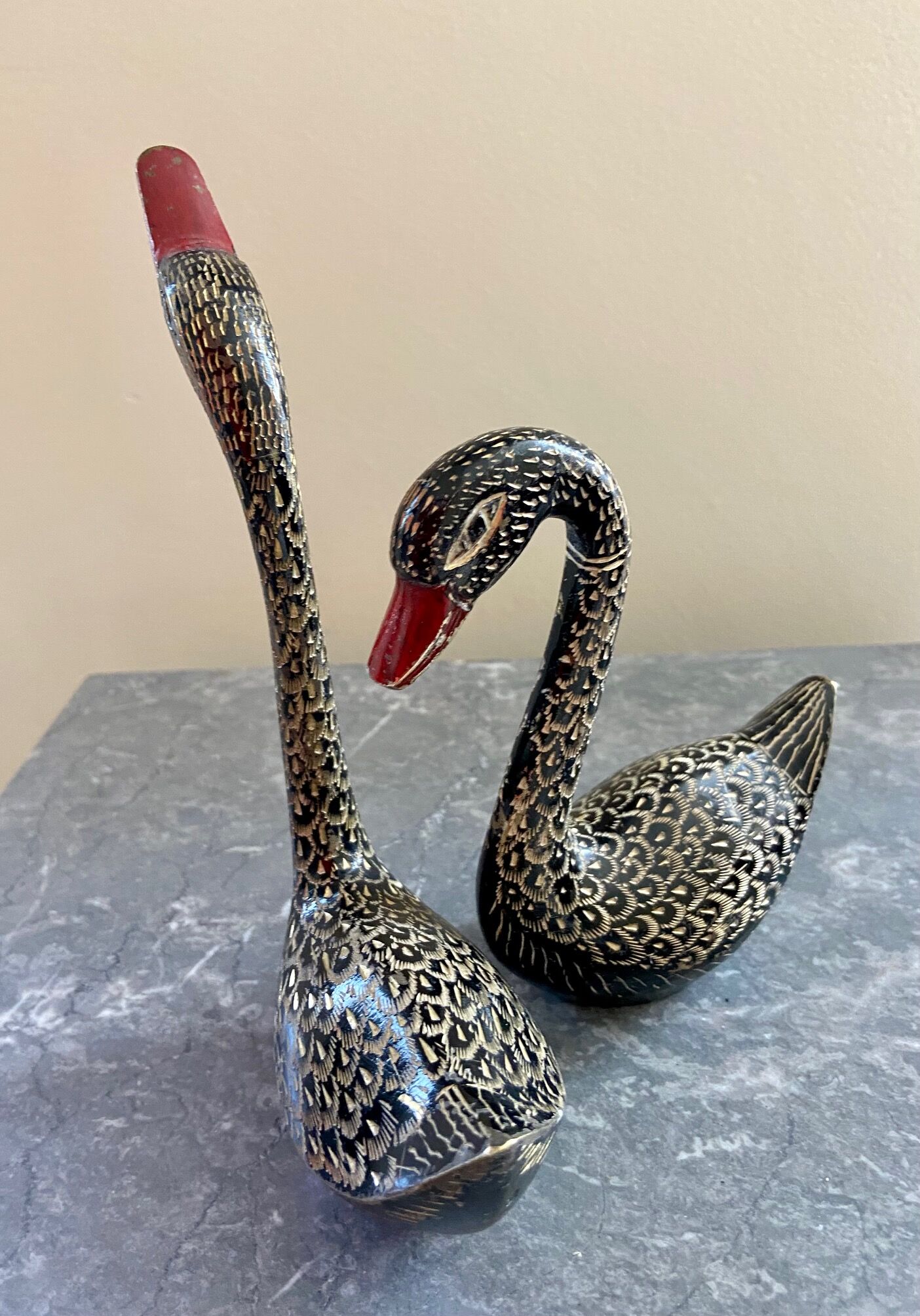 Pair brass swans