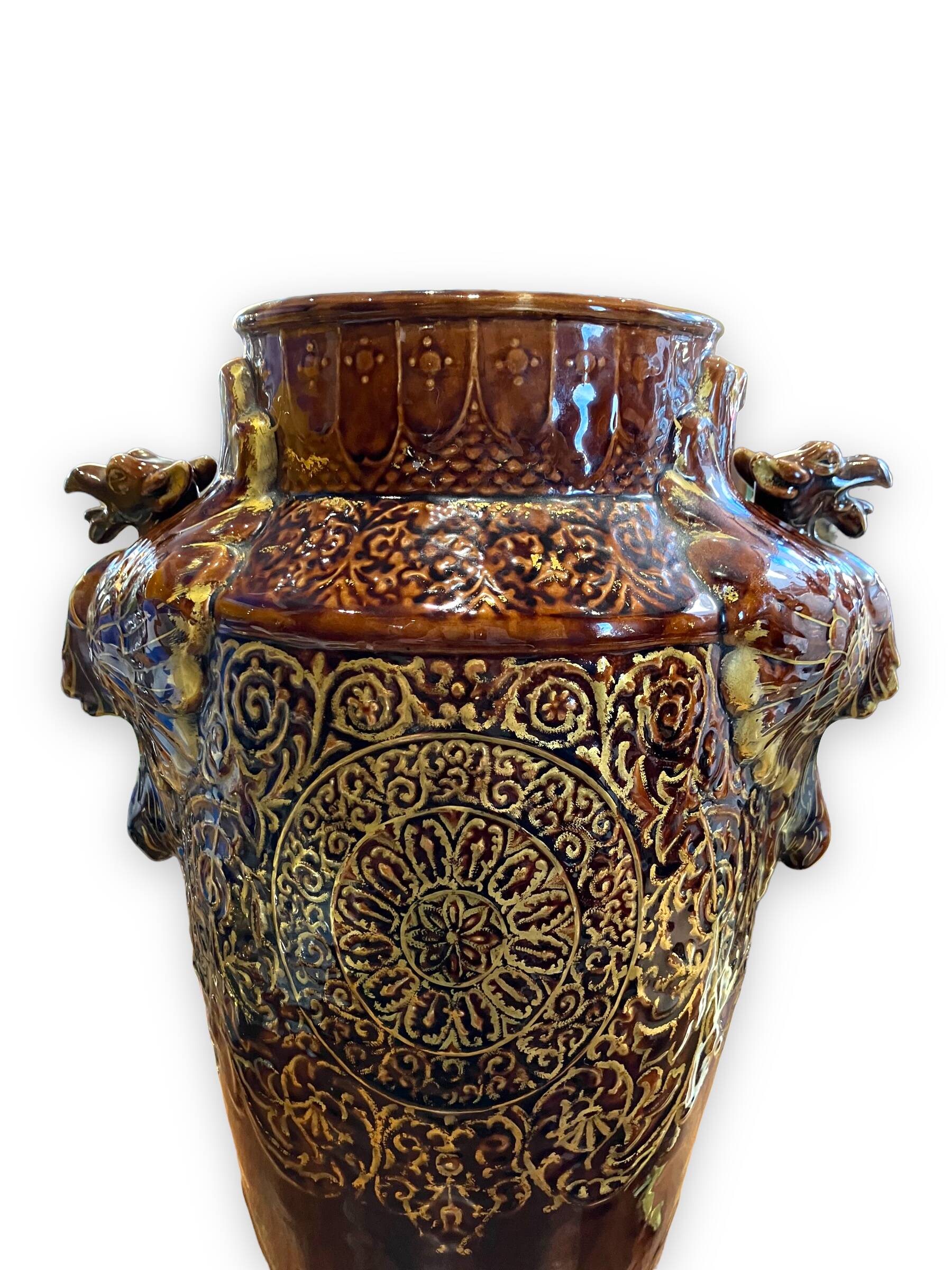 Important Longchamp Griffon vase in golden ceramic