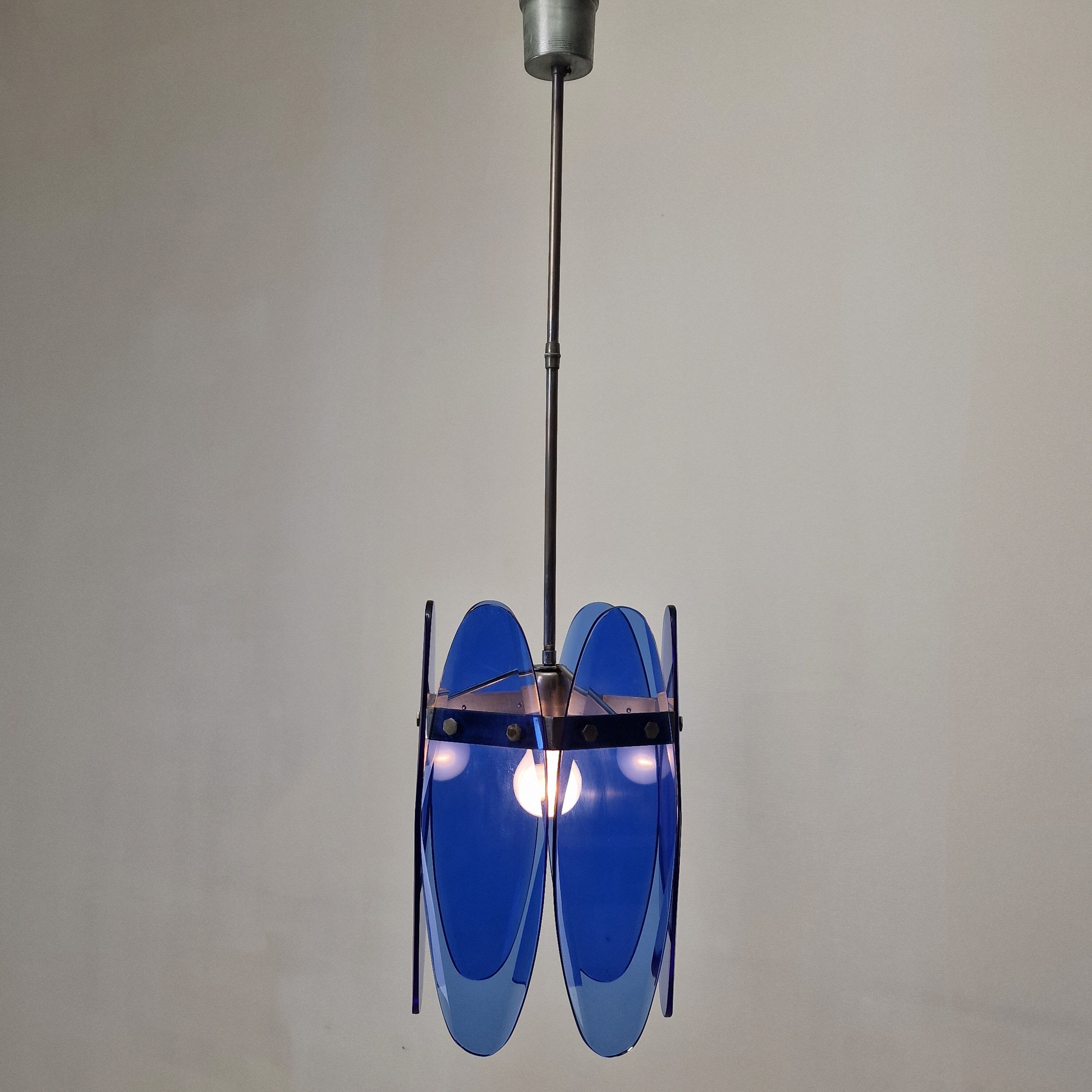 Blue Glass Chandelier or Pendant by Veca, Italy 1970's