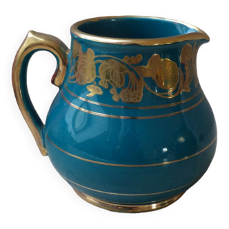 Old small Sadler cream pot in blue green ceramic with gold pattern, English creamer milk pot