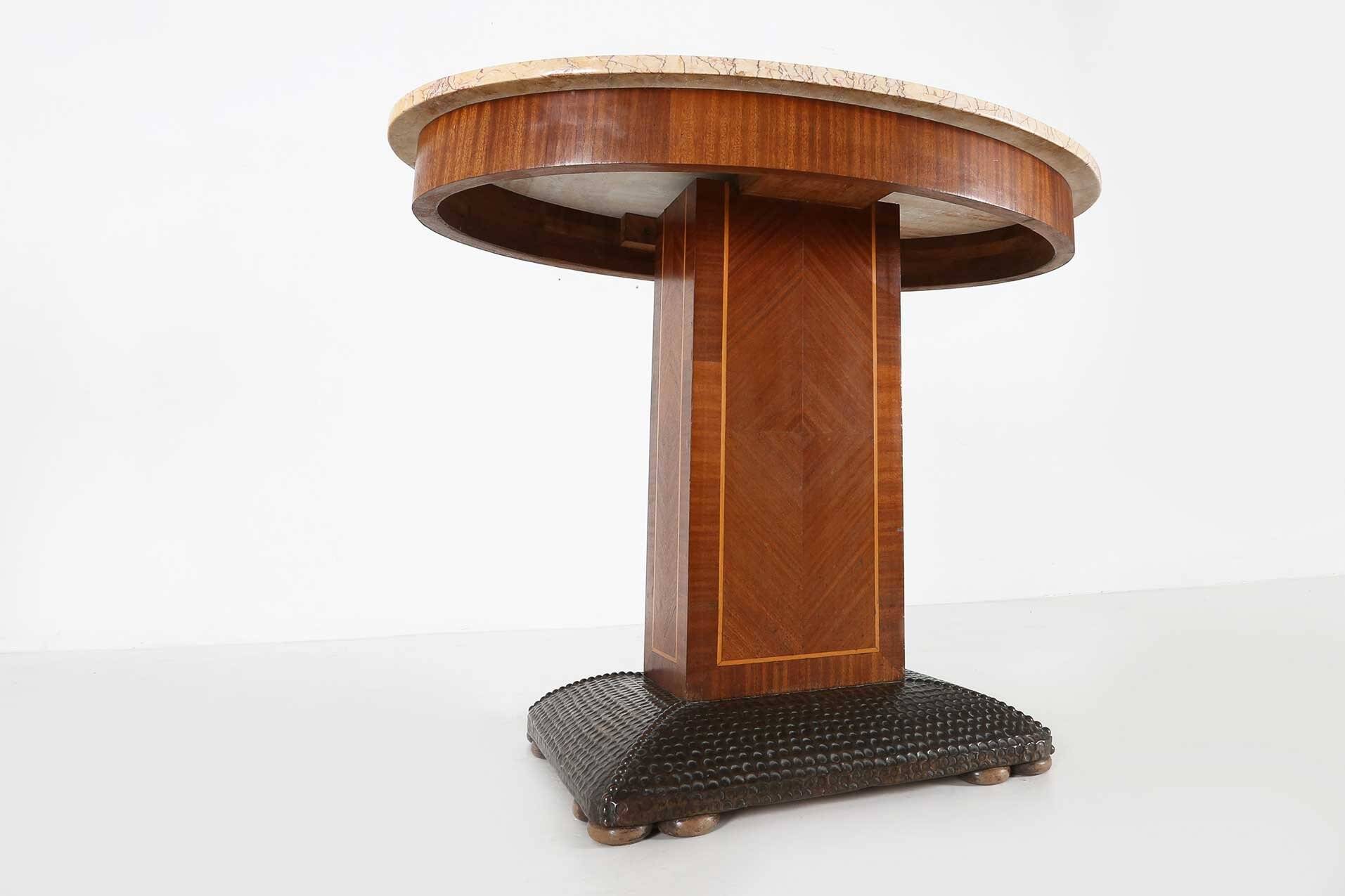 Art Deco side table by De Coene Freres with wood inlay and marble top, 1930s