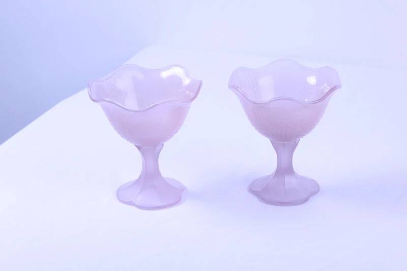2 frosted pink glass ice cream cups