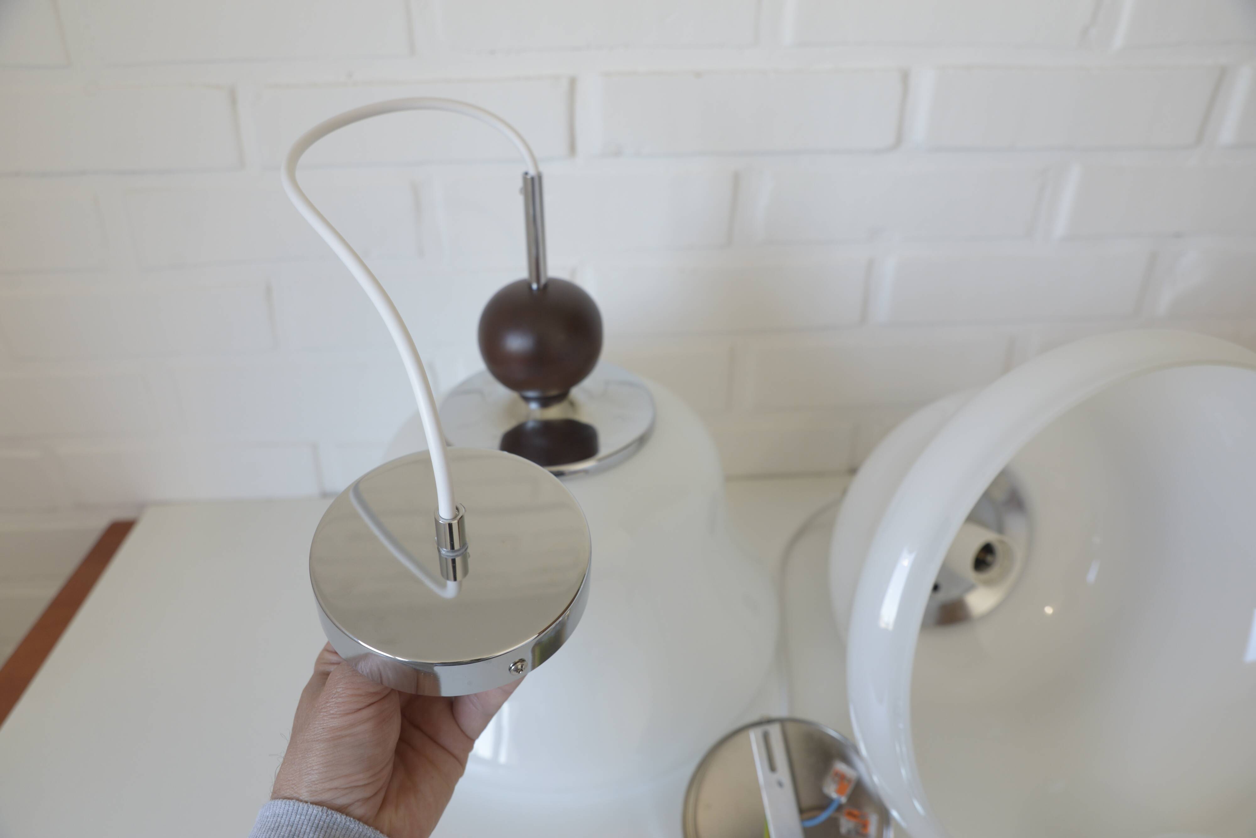 1 of 2 vintage white glass pendant light MCM hanging lamp Yugoslavia 1970's