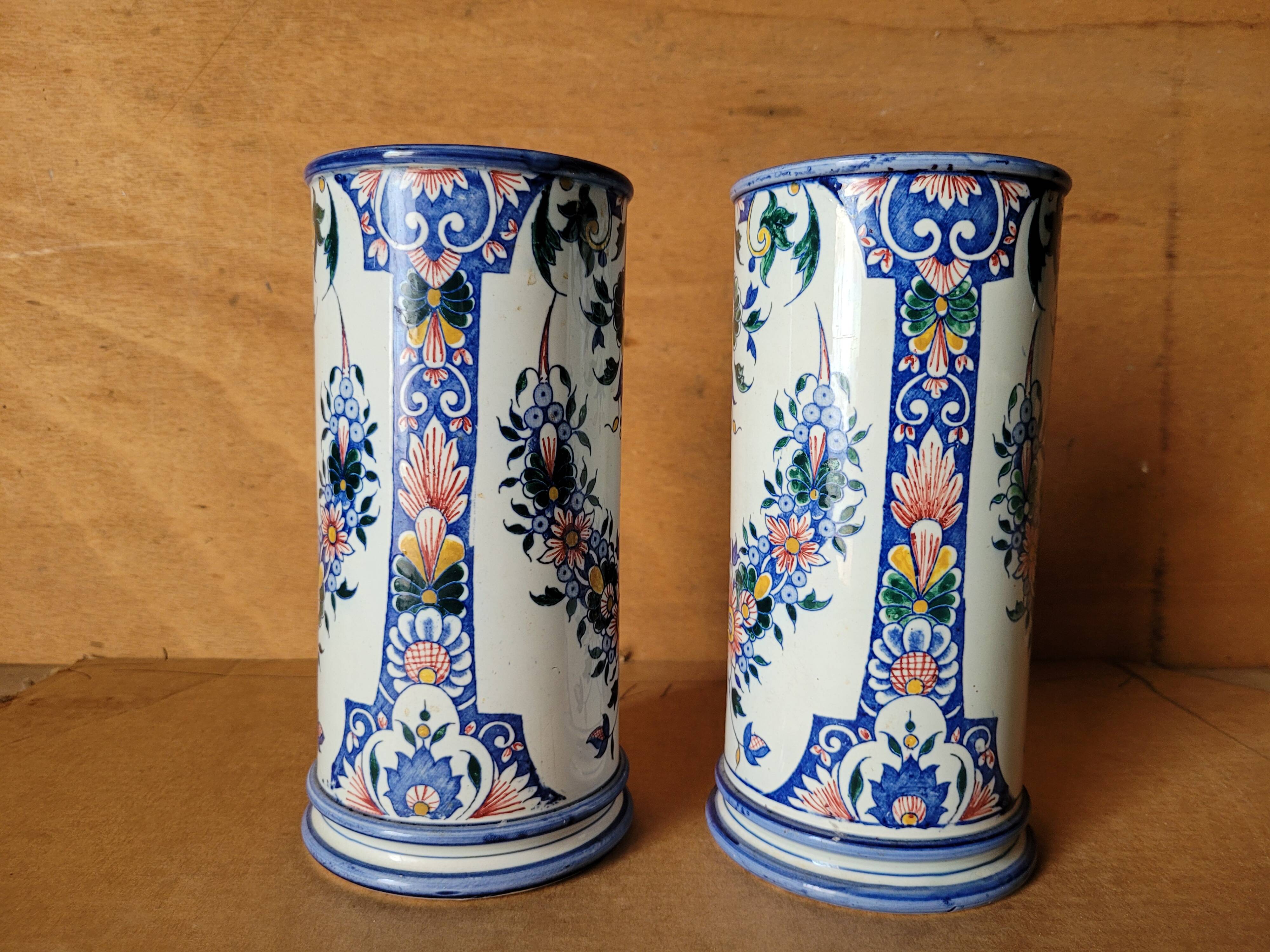 Pair of Gien earthenware roller vases with Rouen decoration