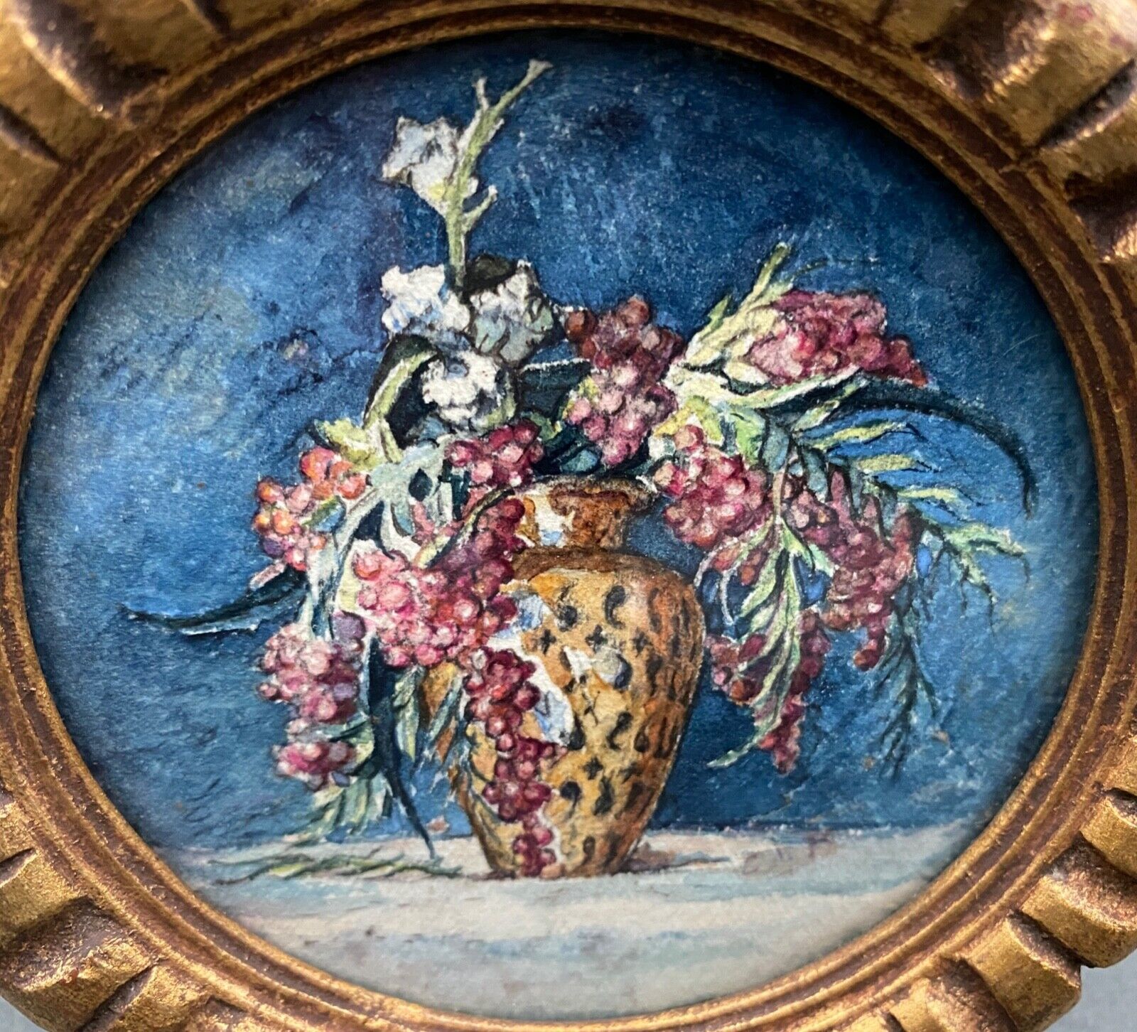 Miniature on paper still life bouquet of flowers golden frame 1900