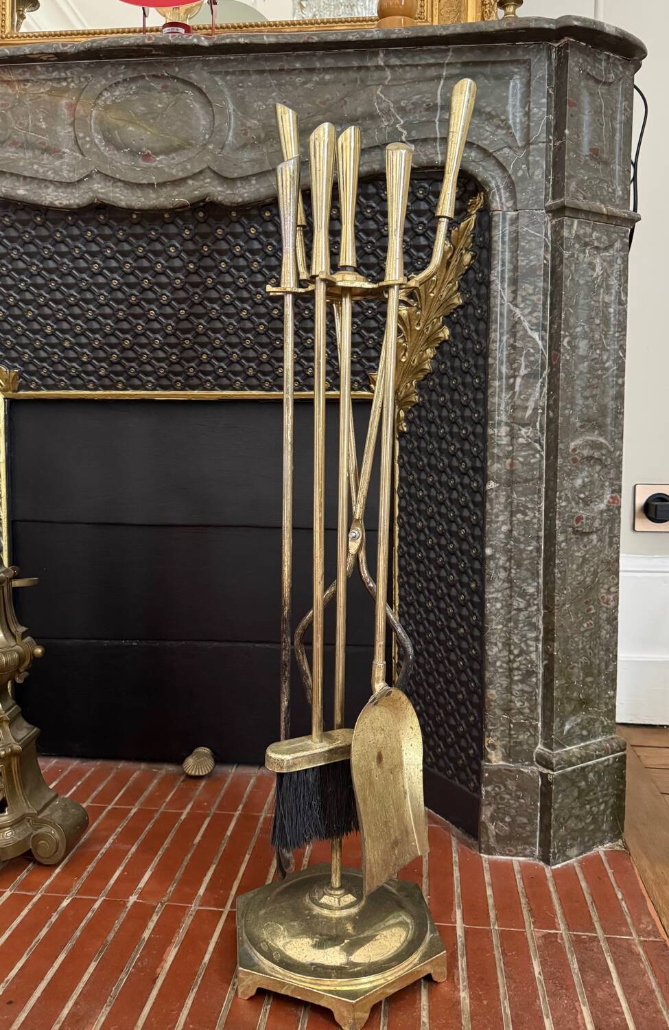Golden metal fireplace tool set, 1970