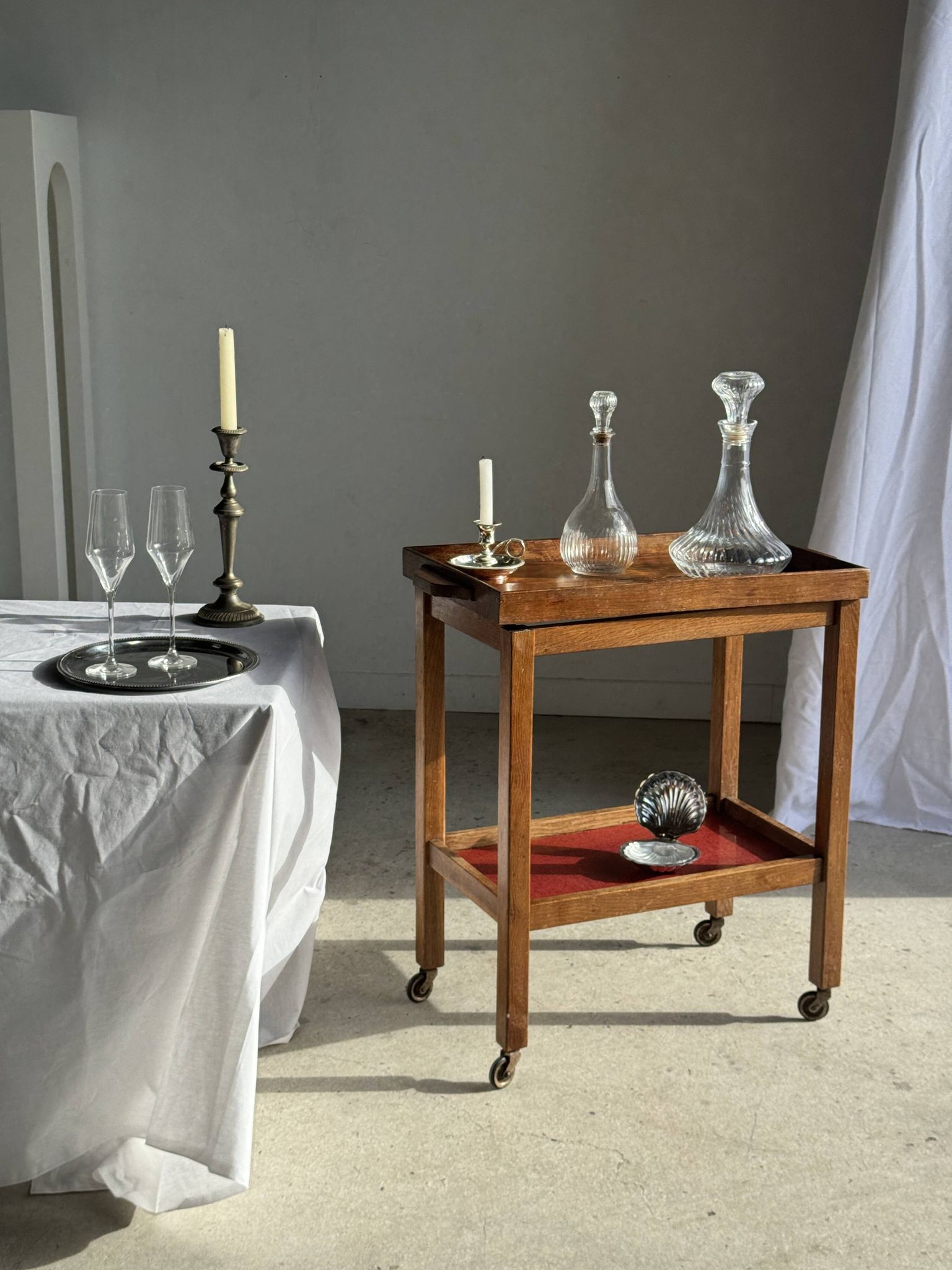 Wooden rolling trolley with removable top H66 75x35