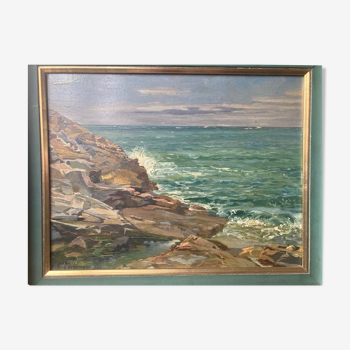 Tableau, huile sur toile, «  La mer à Gatteville » de Jean Bernard Eschemann de 1924