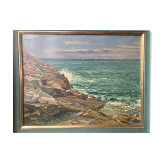 Tableau, huile sur toile, «  La mer à Gatteville » de Jean Bernard Eschemann de 1924