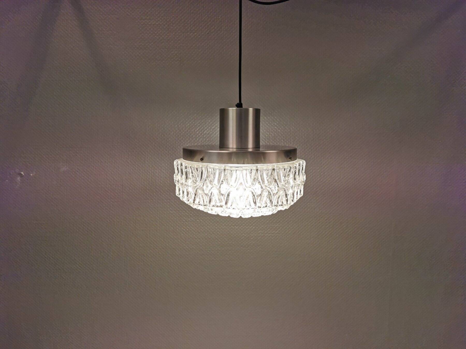 Beautiful hanging lamp in aluminium and hard-pressed crystal glass, probably Swedish