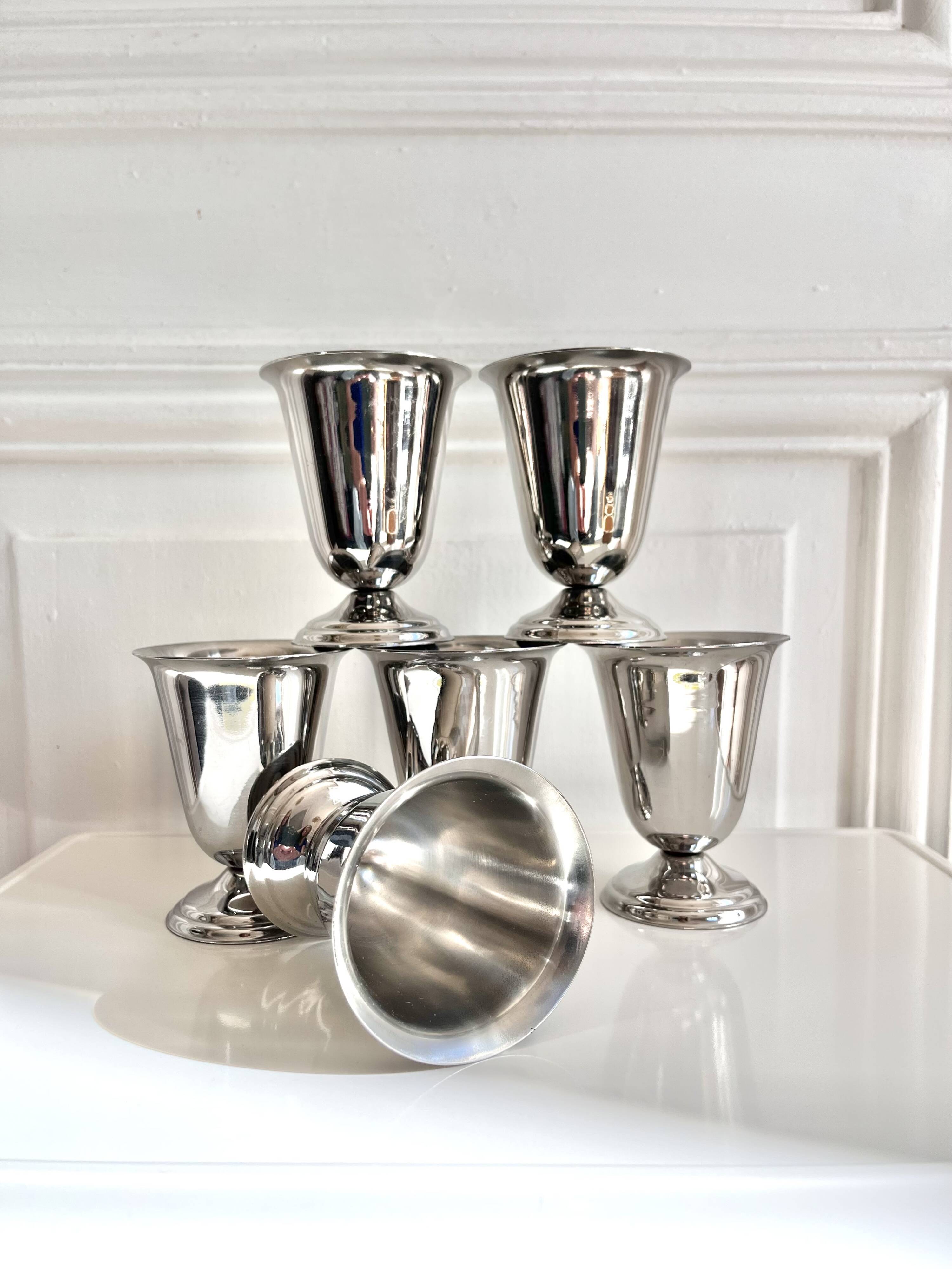 6 vintage stainless steel ice cream cups in the shape of a tumbler.
