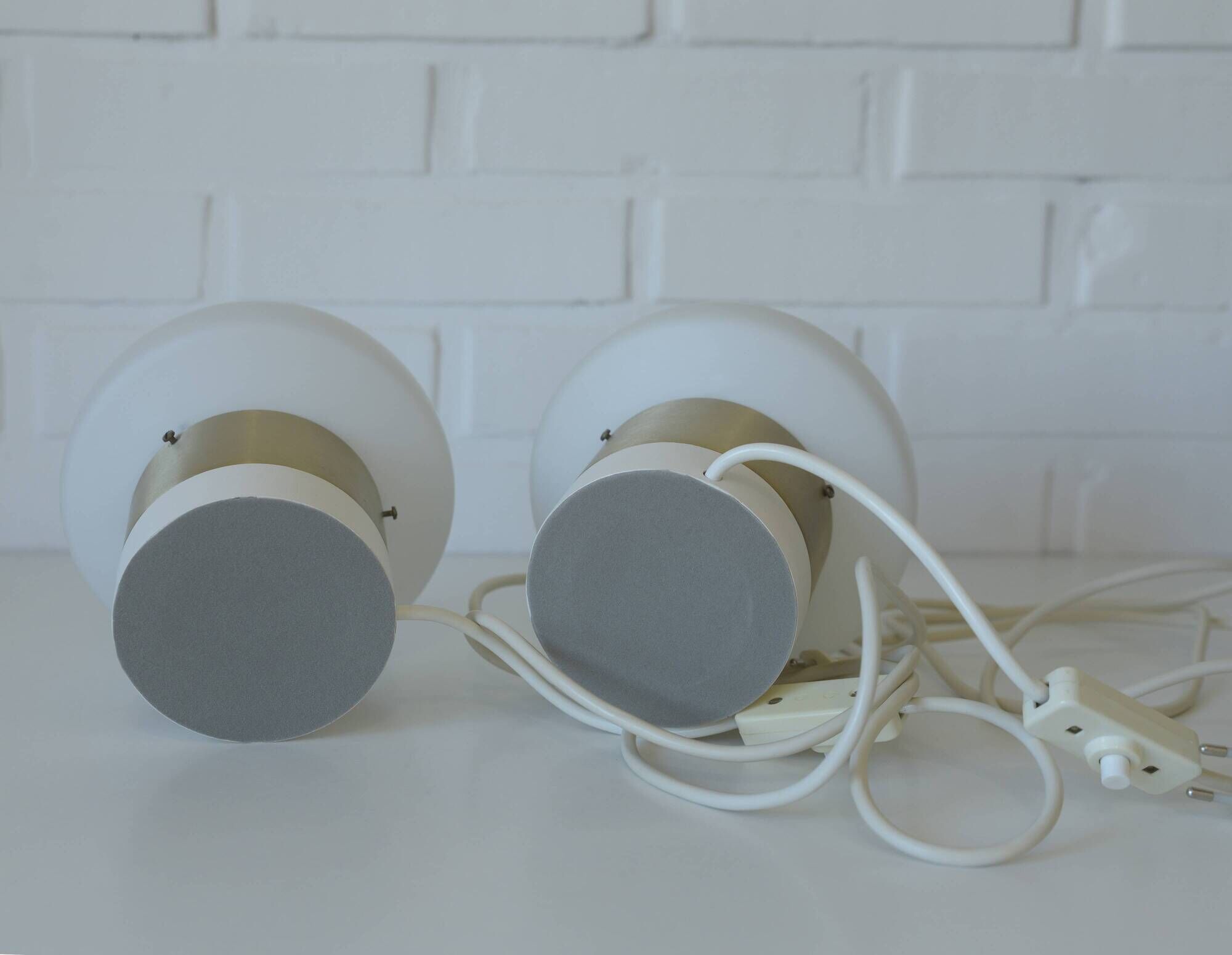 Pair of Mid Century Modern Bedside Lights Mushroom Milk Glass Lamps