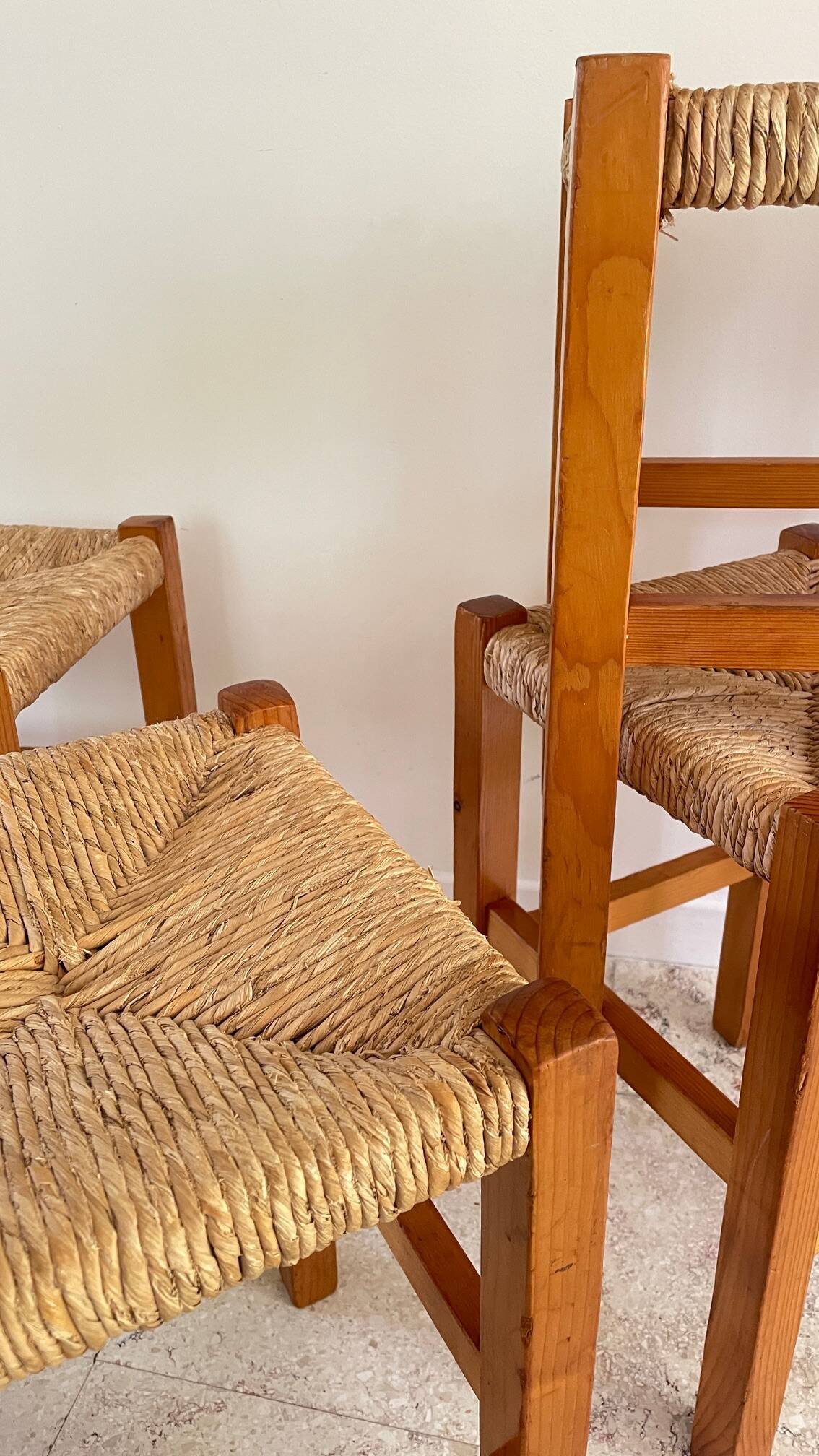 Pair of vintage wooden and straw stools