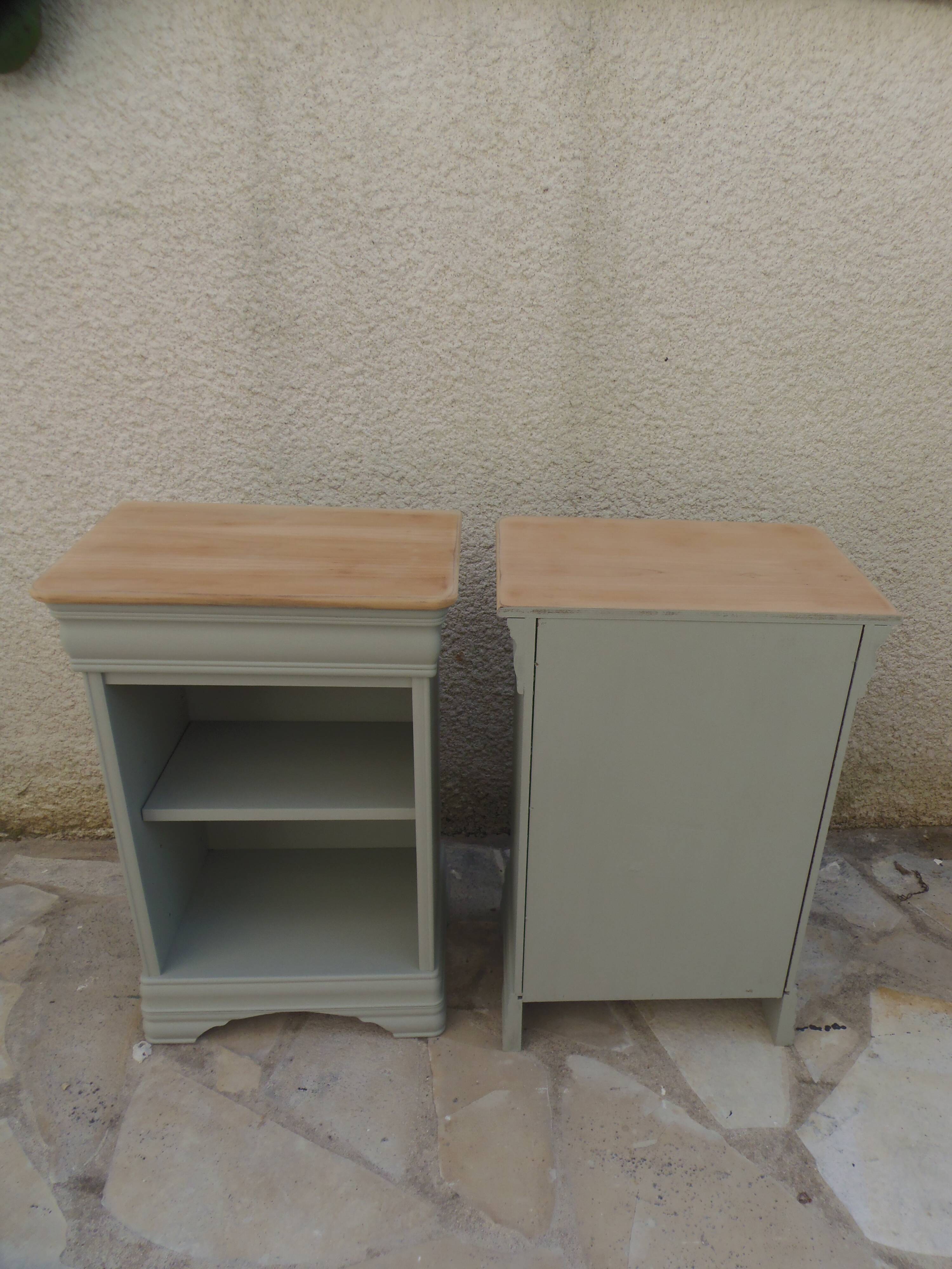 2 Louis Philippe style bedside tables reimagined in grey-green, wooden top.