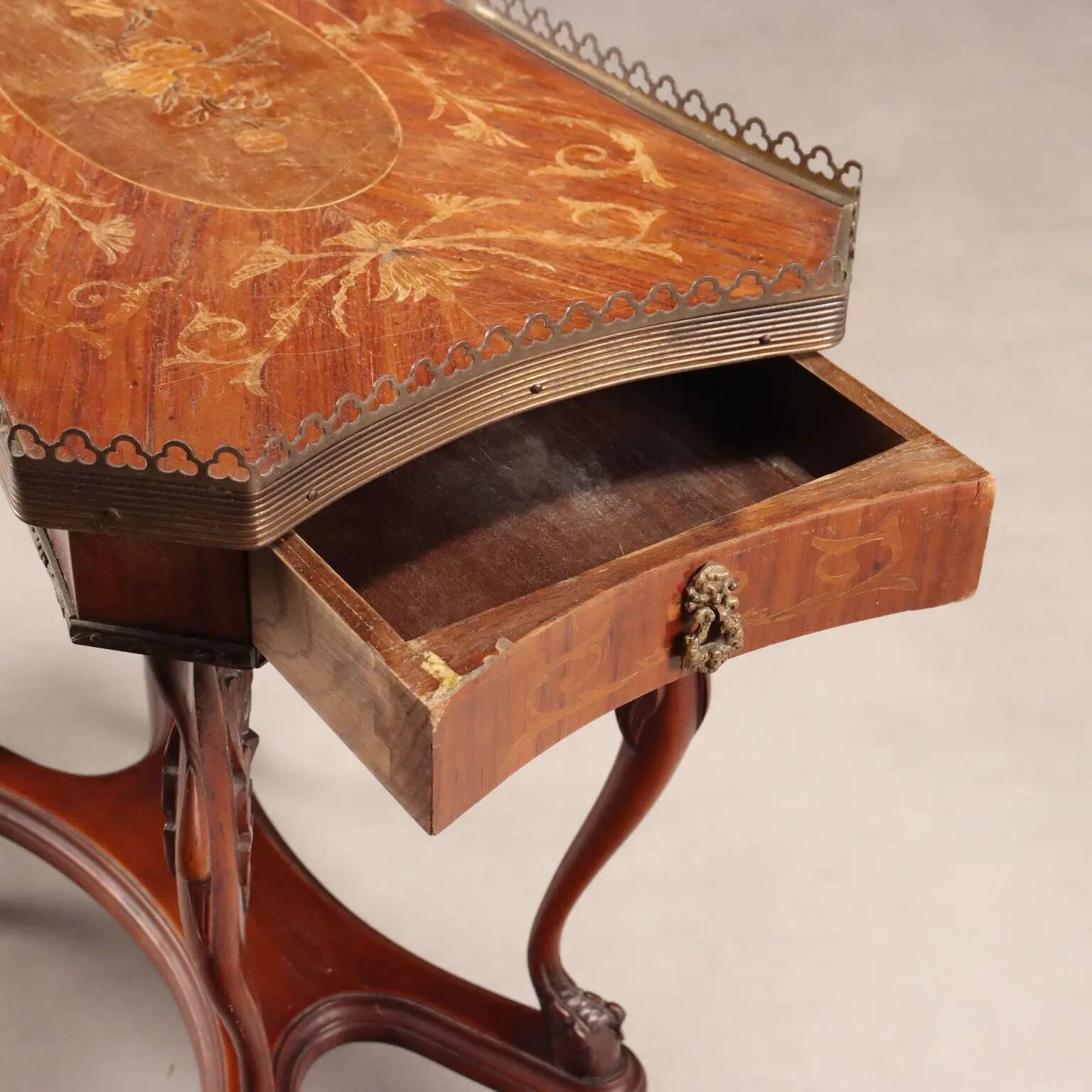 Small antique coffee table made of fruitwood and rosewood, 20th century.