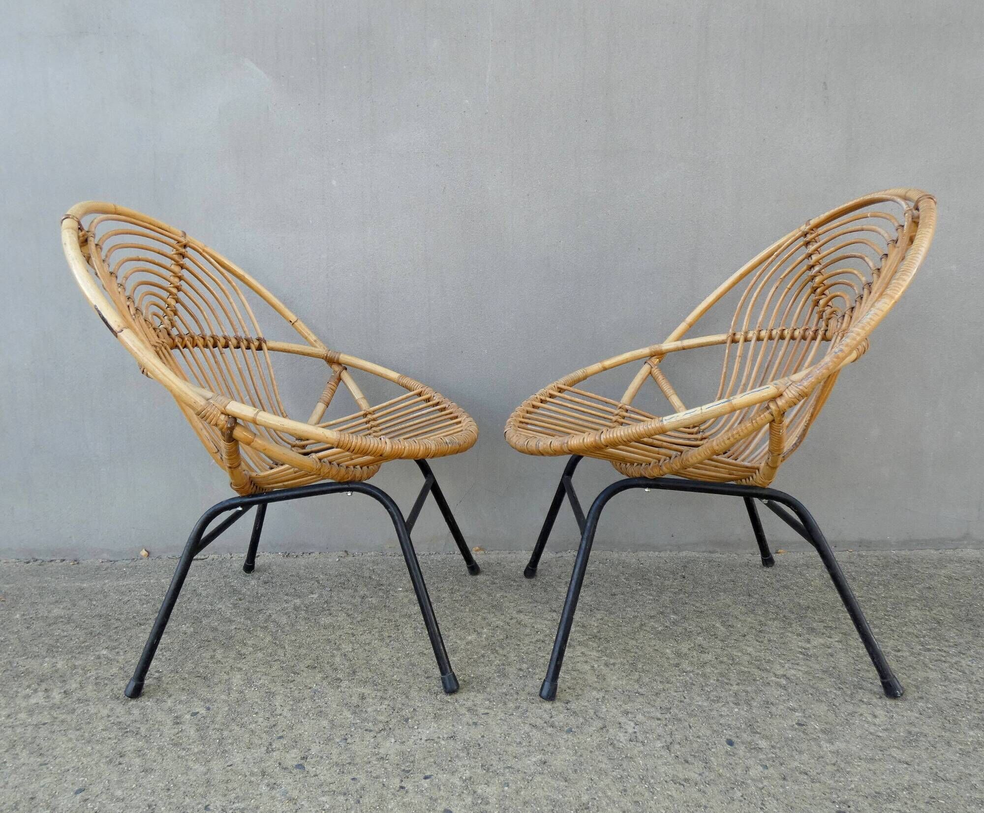 Rohe Noordwole 1950 vintage rattan and metal shell chairs