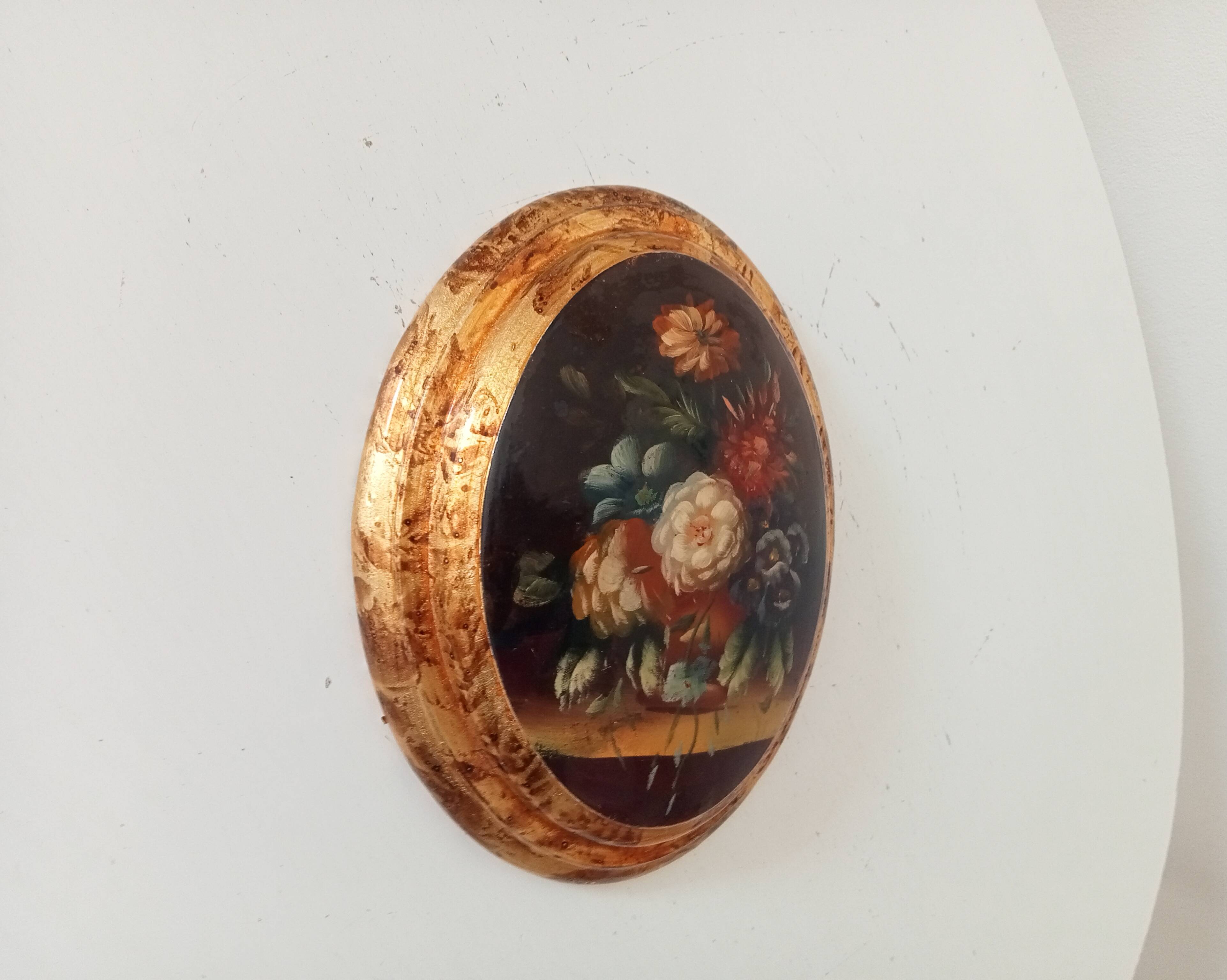 Curved frame still life lithograph on wood