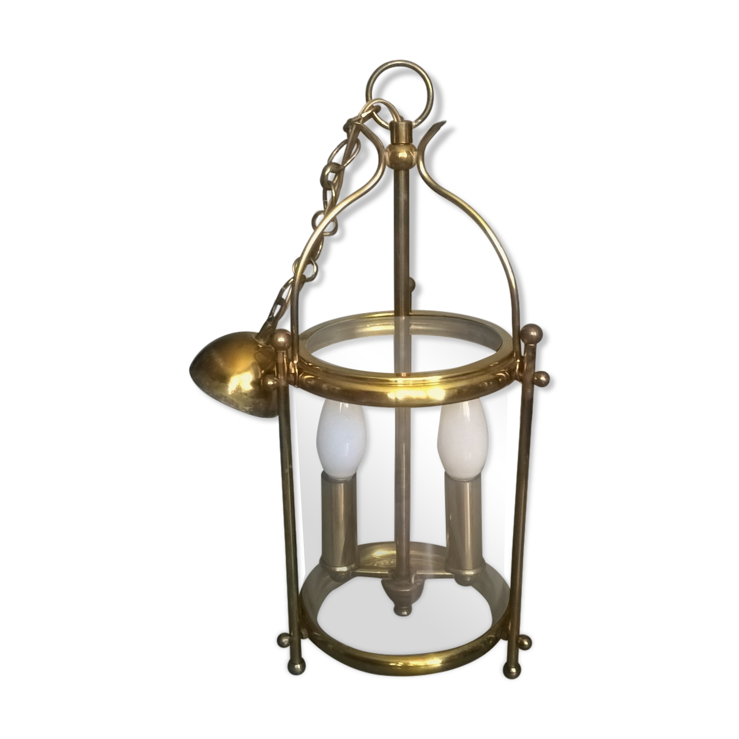 Chandelier lantern cage cylindrical two fires ~ glass and golden brass ~ 1950s/1960s