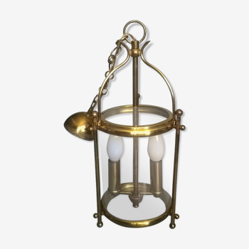 Chandelier lantern cage cylindrical two fires ~ glass and golden brass ~ 1950s/1960s