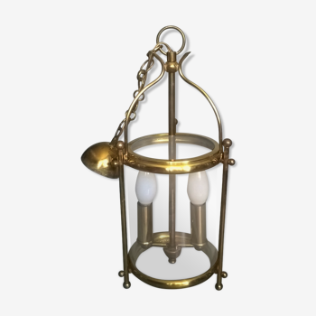 Lustre lanterne cage cylindrique deux feux ~ verre et laiton doré ~ années 1950/1960