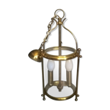 Chandelier lantern cage cylindrical two fires ~ glass and golden brass ~ 1950s/1960s