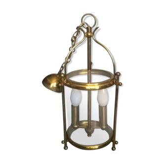Chandelier lantern cage cylindrical two fires ~ glass and golden brass ~ 1950s/1960s