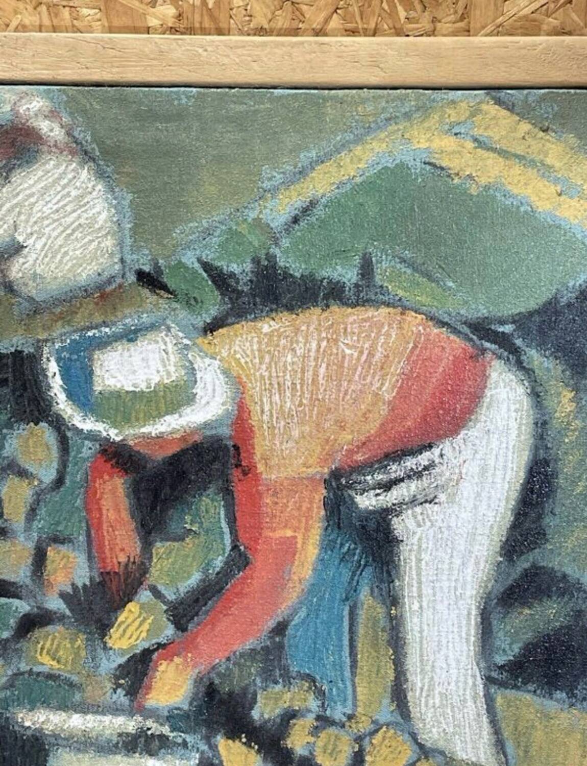 Oil on canvas signed O. Stephane, vintage painting of a grape harvest scene.