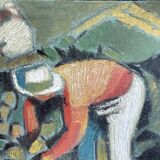 Oil on canvas signed O. Stephane, vintage painting of a grape harvest scene.