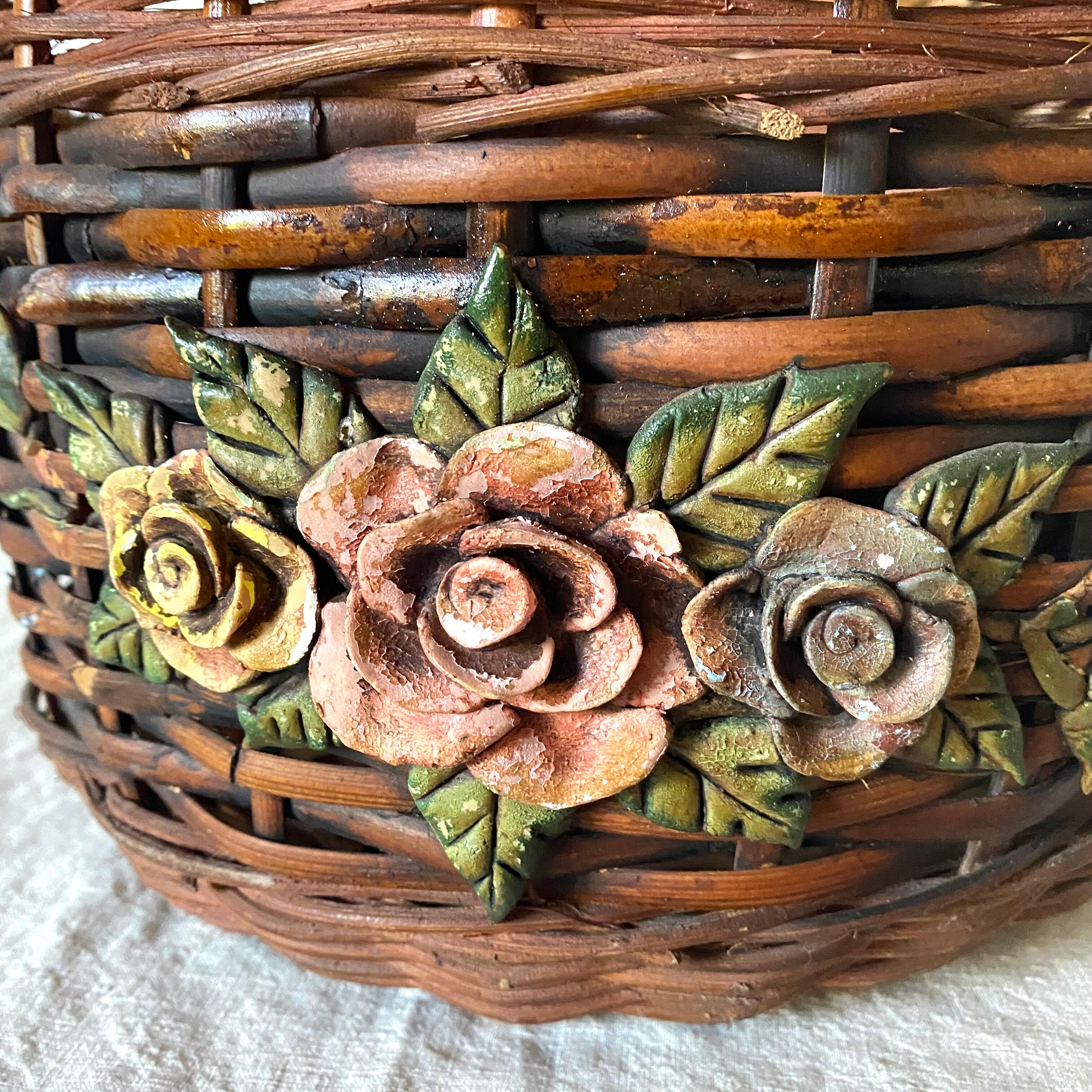 Flowery woven wicker basket