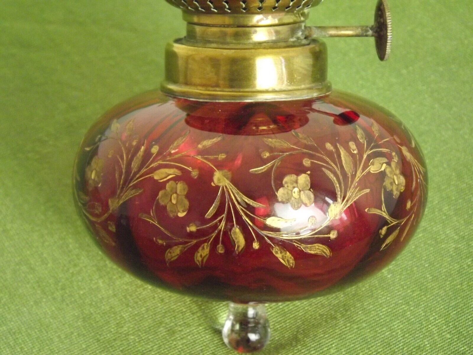 2 French Antique Cranberry Glass Oil Lantern Reservoirs Etched Gold Flowers 3984