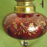 2 French Antique Cranberry Glass Oil Lantern Reservoirs Etched Gold Flowers 3984
