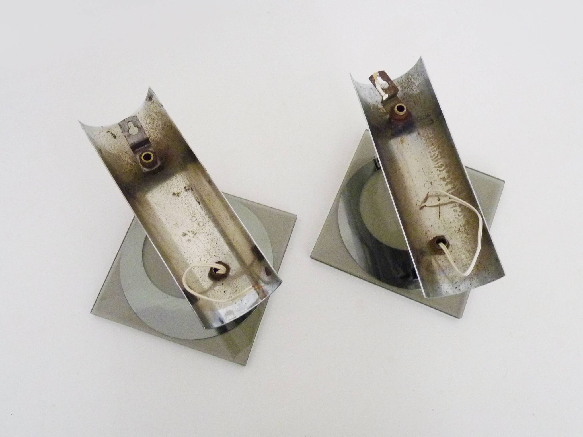 Pair of chrome metal and glass wall sconces, VECA Fontana Arte style.