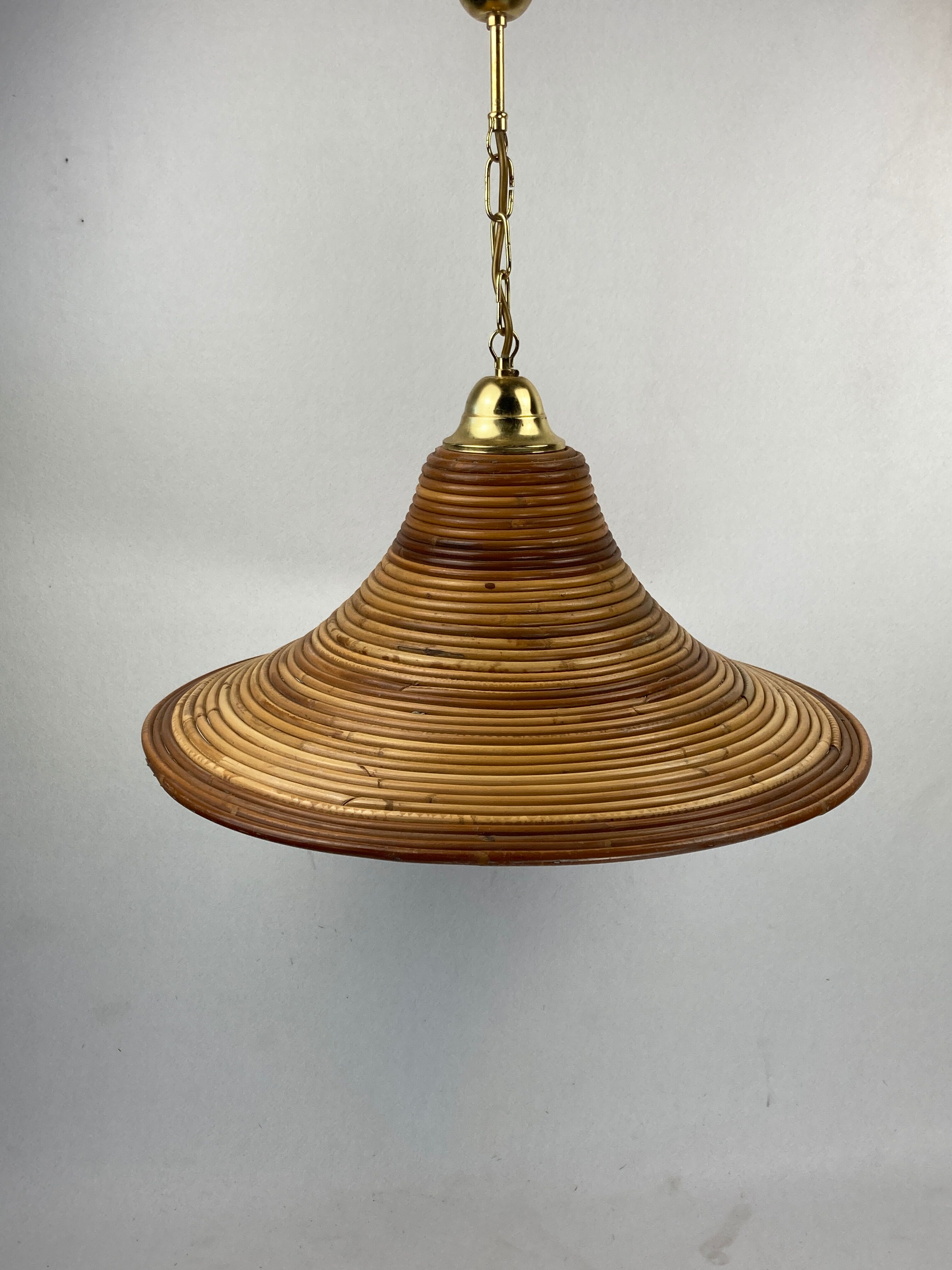 Pencil split reed rattan bamboo and brass pendant Lamp, 1970s