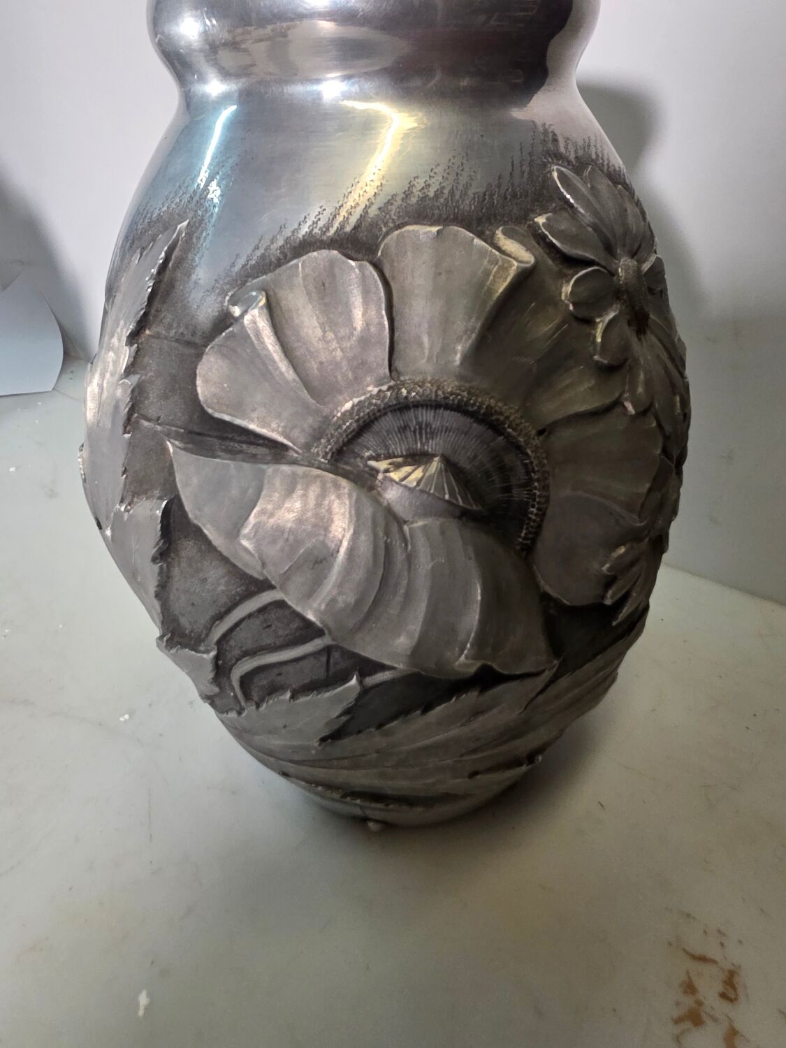 Art Deco vase in repoussé tin Signed Houzeaux Floral decoration 30 cm