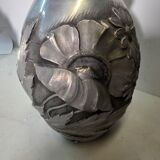 Art Deco vase in repoussé tin Signed Houzeaux Floral decoration 30 cm